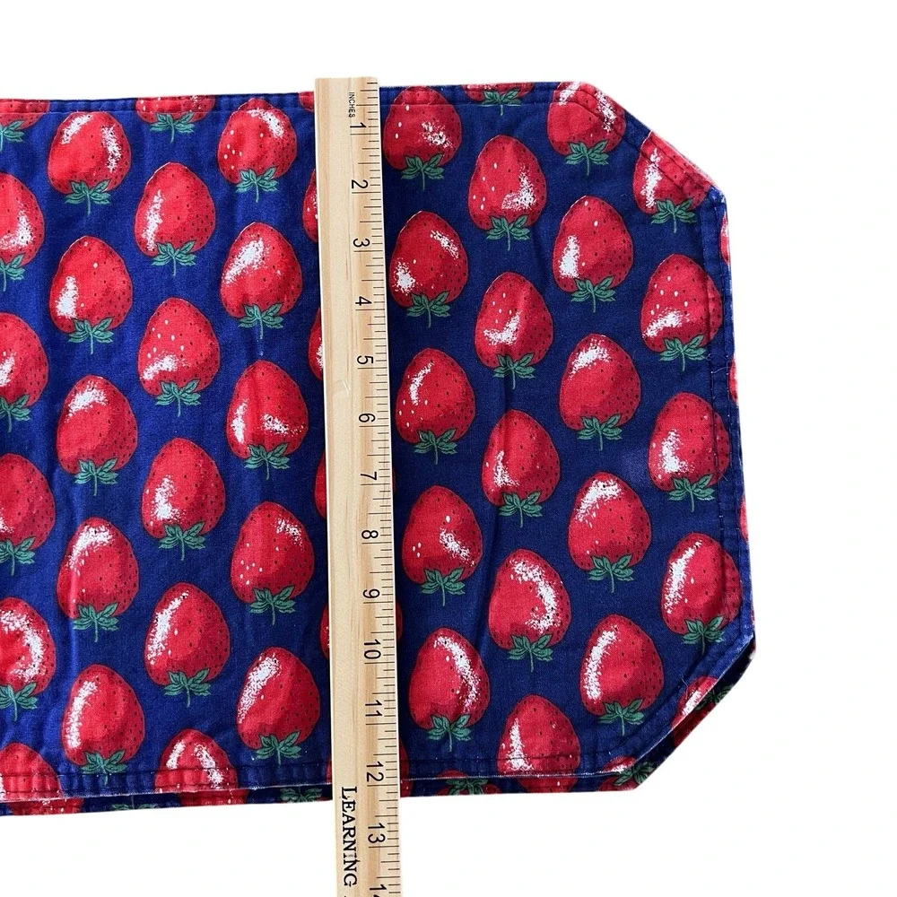 Vintage Strawberry Print Red & Navy Quilted Table Placemats LOT Of 4